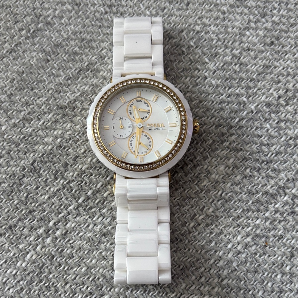 Fossil white ceramic multifunction watch w/ gold-tone rim and crystal accents